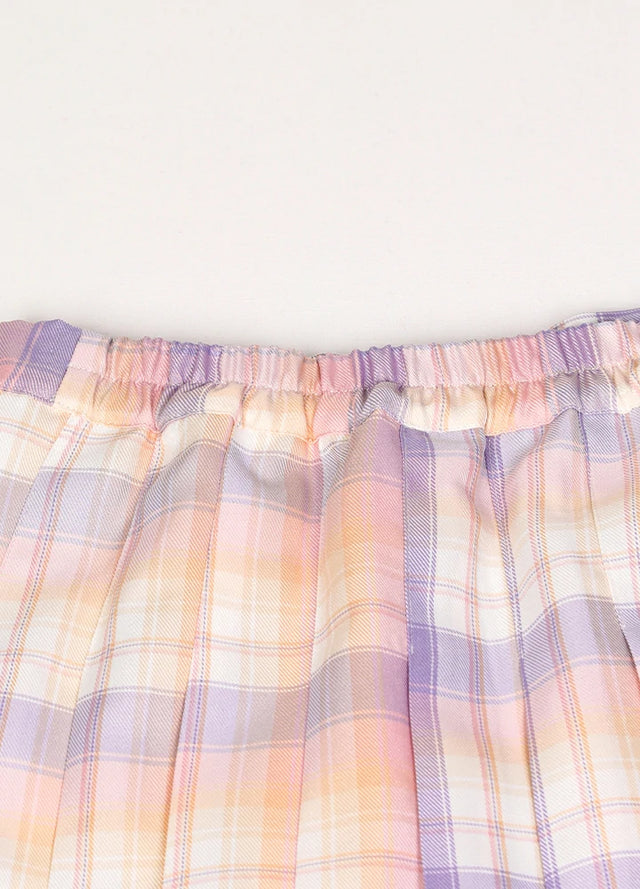 Detailed view of womens side button pink blue plaid mini pleated skirt elastic waist