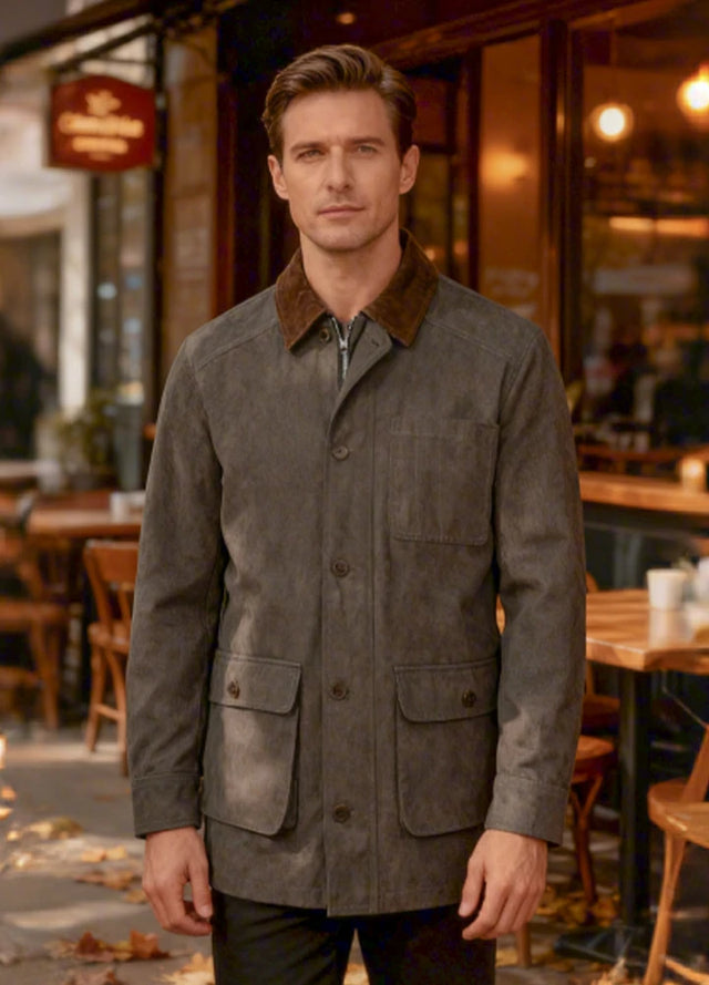 Lifestyle view of a man wearing gray men's heritage vintage field jacket-XR807GY-M,XR807GY-L,XR807GY-XL,XR807GY-XXL
