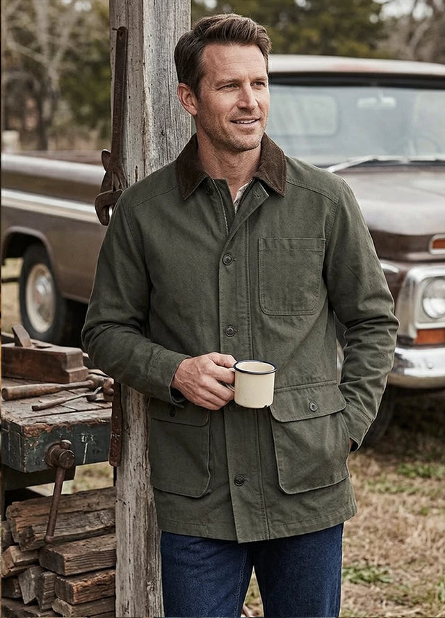 Lifestyle view of a man wearing gray men's heritage vintage field jacket-XR807GY-M,XR807GY-L,XR807GY-XL,XR807GY-XXL
