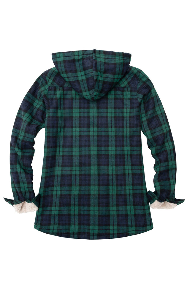 Back view of a women's green and black long sleeves soft plaid jacket with hood