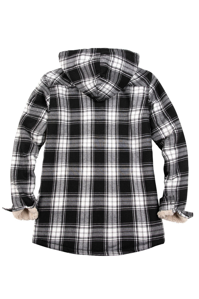 Back view of a women's black white long sleeves soft plaid jacket with hood