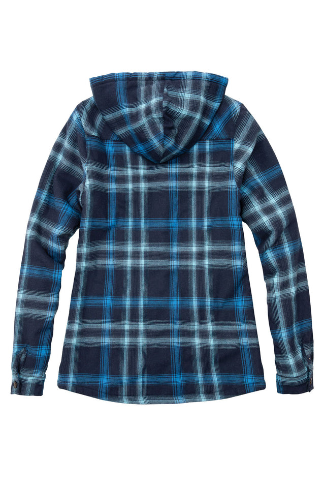 Back view of a women's blue navy winter flannel plaid jacket with hood