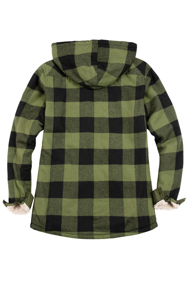 Back view of a women's green black sherpa lined plaid jacket with hood