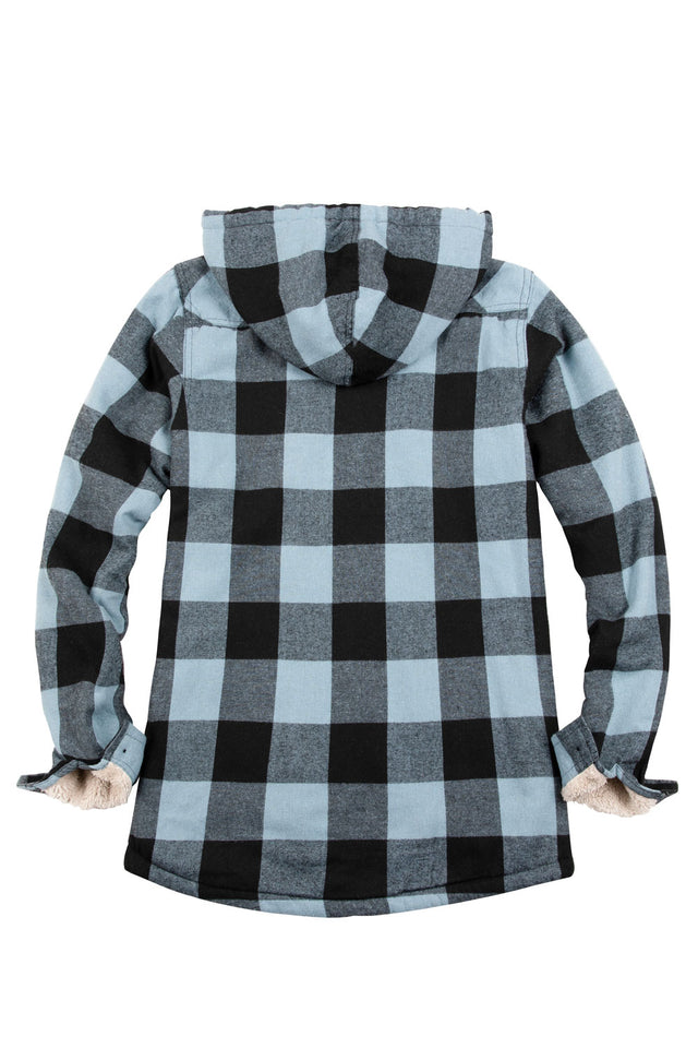 Back view of a women's blue and black long sleeves soft plaid jacket with hood