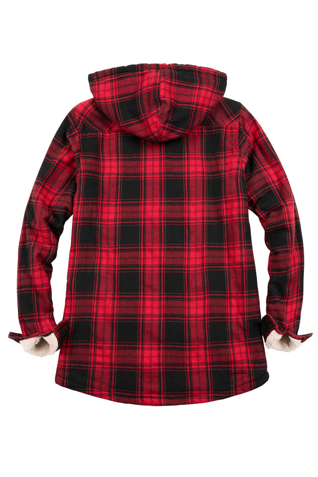 Back view of a women's red white long sleeves soft plaid jacket with hood