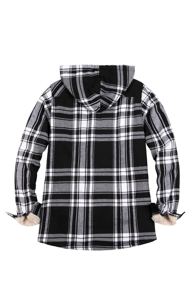 Back view of a womens black white winter flannel plaid jacket with hood