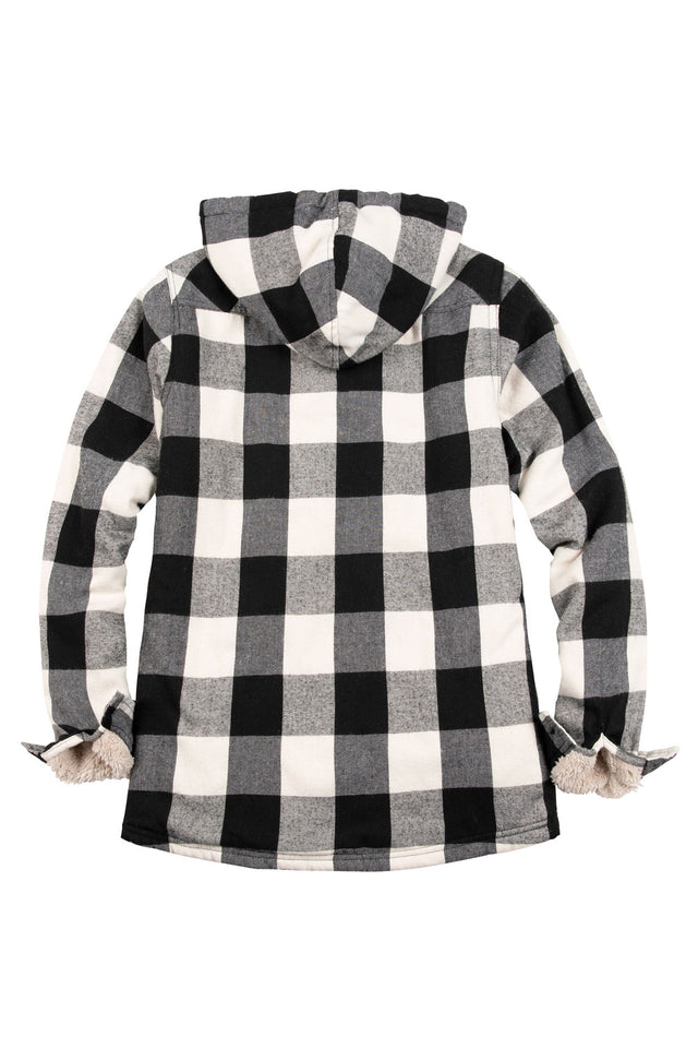 Back view of a womens black plaid winter zip up flannel plaid hooded