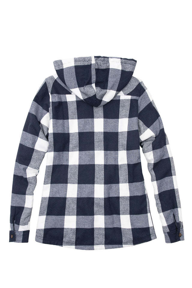 Back view of a womens buffalo navy white winter zip up flannel plaid hooded