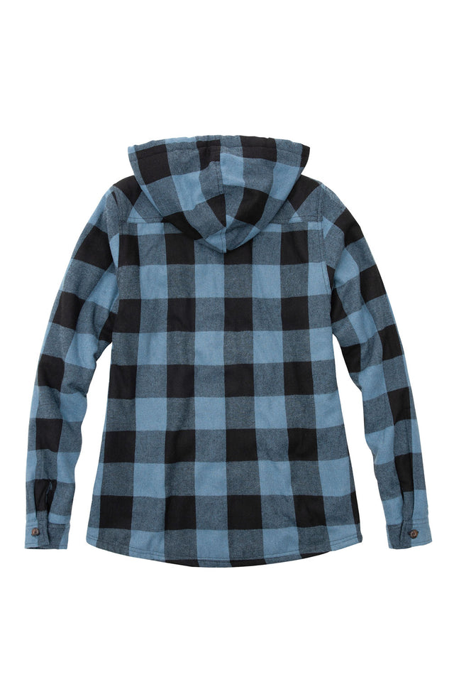 Back view of a womens checkered blue black winter zip up flannel plaid hooded