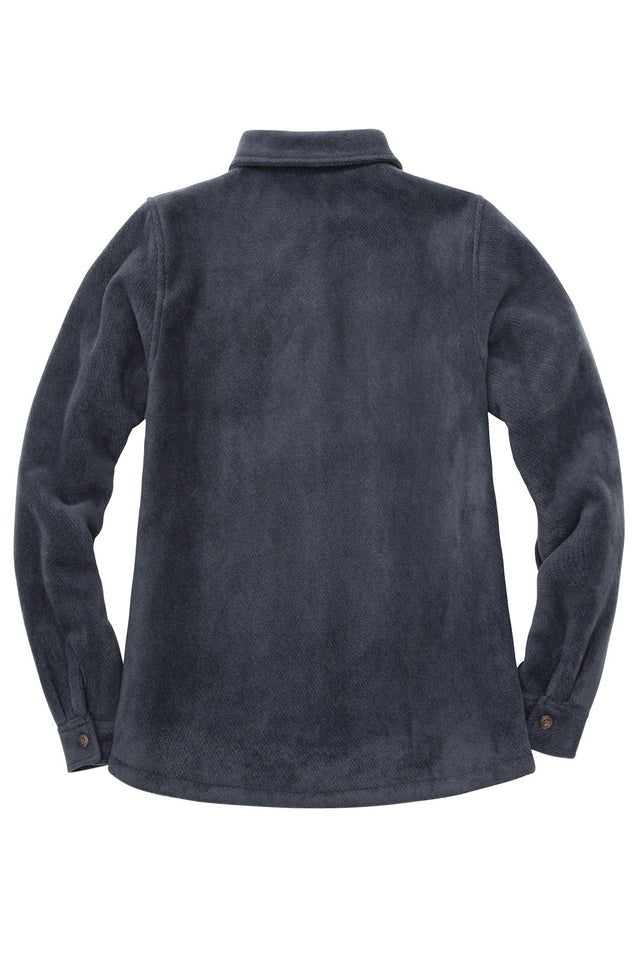Back view of a womens dark grey button down soft fleece shirt jacket