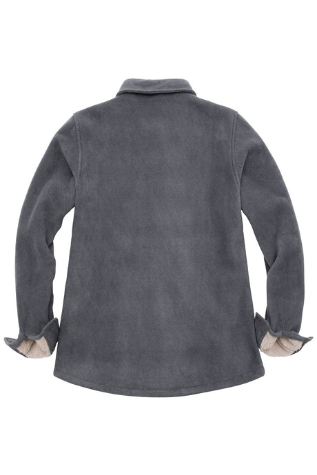 Back view of a womens light grey button down soft fleece shirt jacket