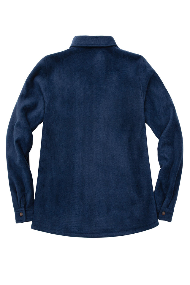 Back view of a womens navy button down soft fleece shirt jacket