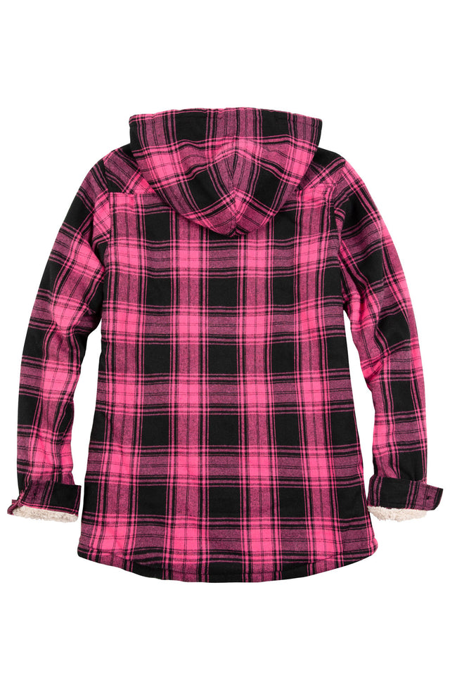 Back view of a womens pink white long sleeves soft plaid jacket with hood