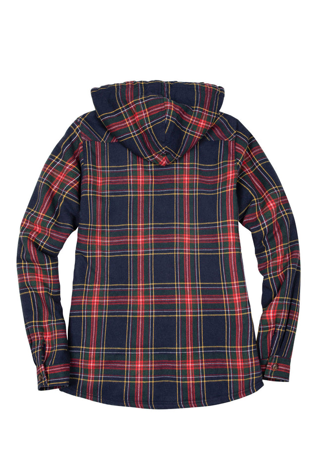 Back view of a womens red navy winter flannel plaid jacket with hood