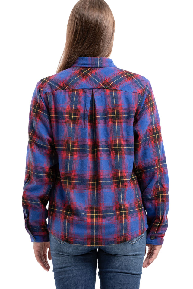 Back view of women in a blue plaid cozy soft flannel shacket