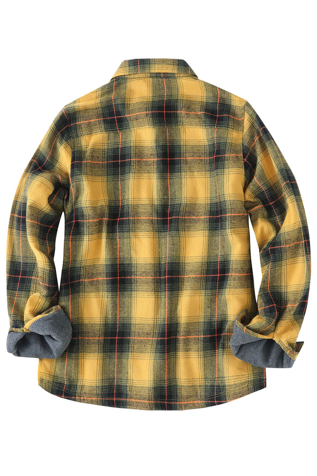 Back view of women in a cozy yellow fleece-lined flannel shirt jacket