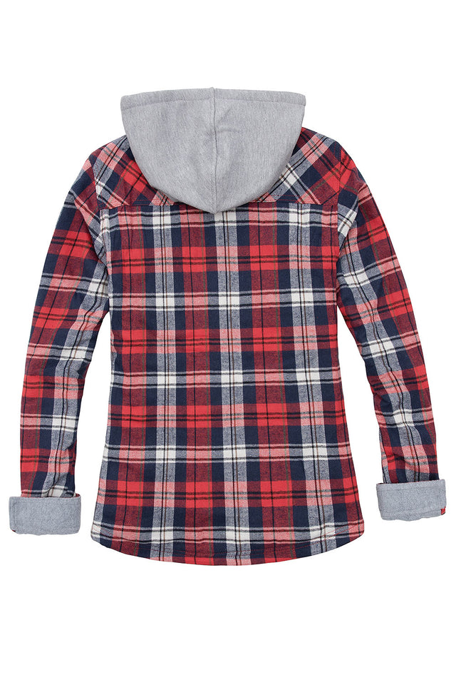 Back view of women's an red black fleece-lined plaid shirt jacket with a hood