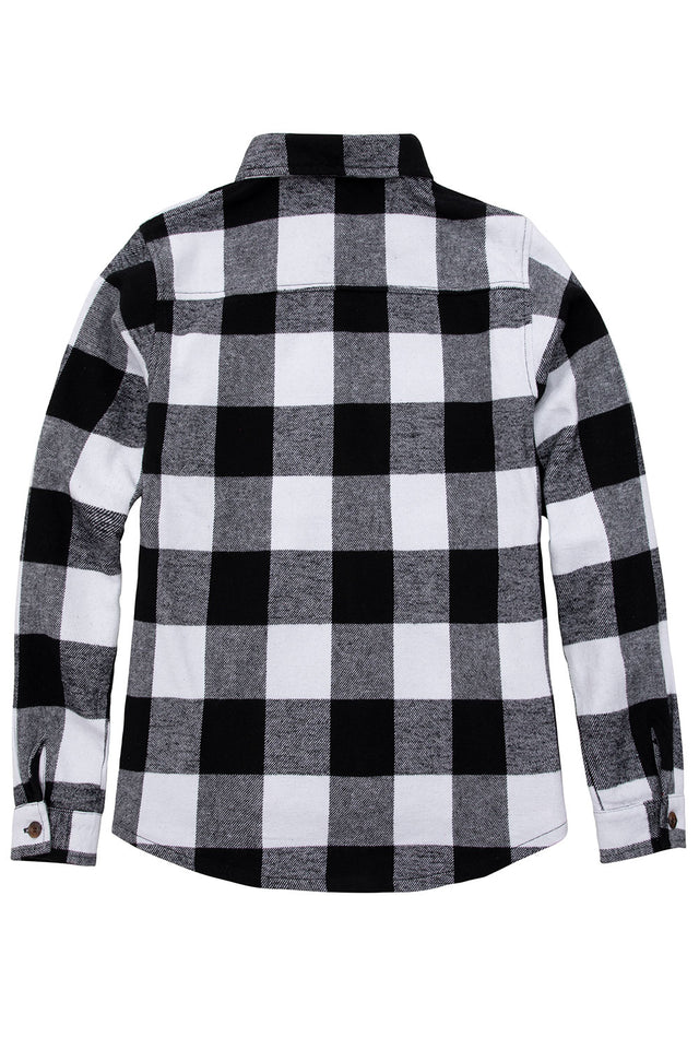 Back view of women's black white brushed plaid flannel shirt with button down