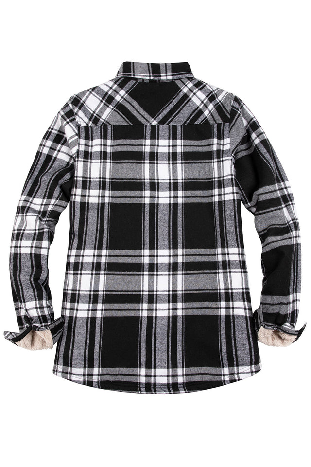 Back view of women's black white winter flannel shacket with sherpa lined