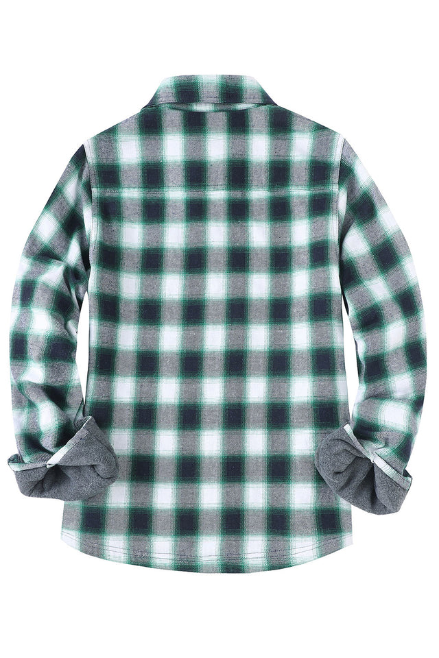 Back view of women's green plaid fleece lined flanenl shacket with button down