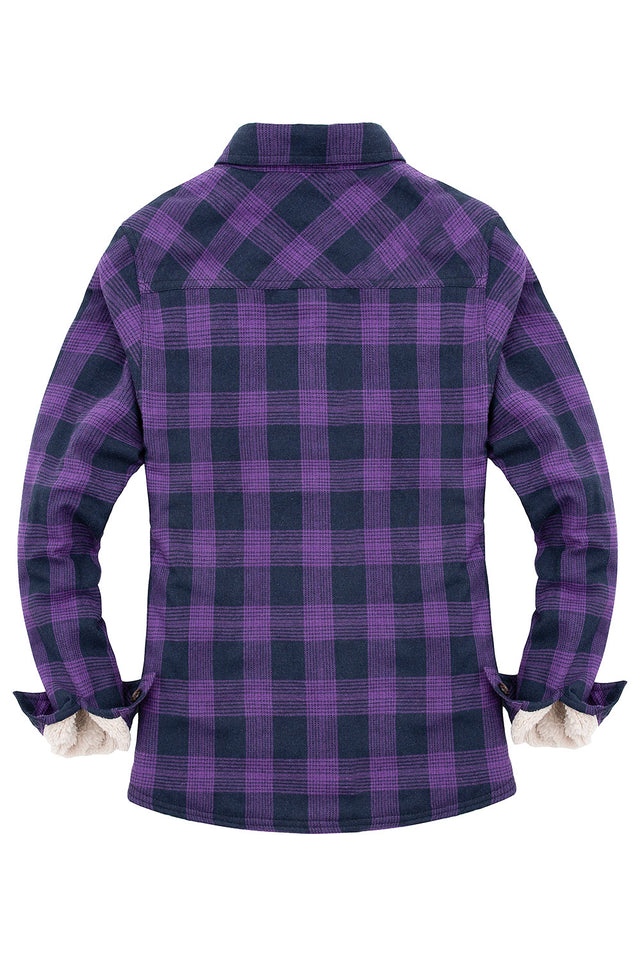 Back view of women's purple long-sleeves flannel shacket with sherpa lined