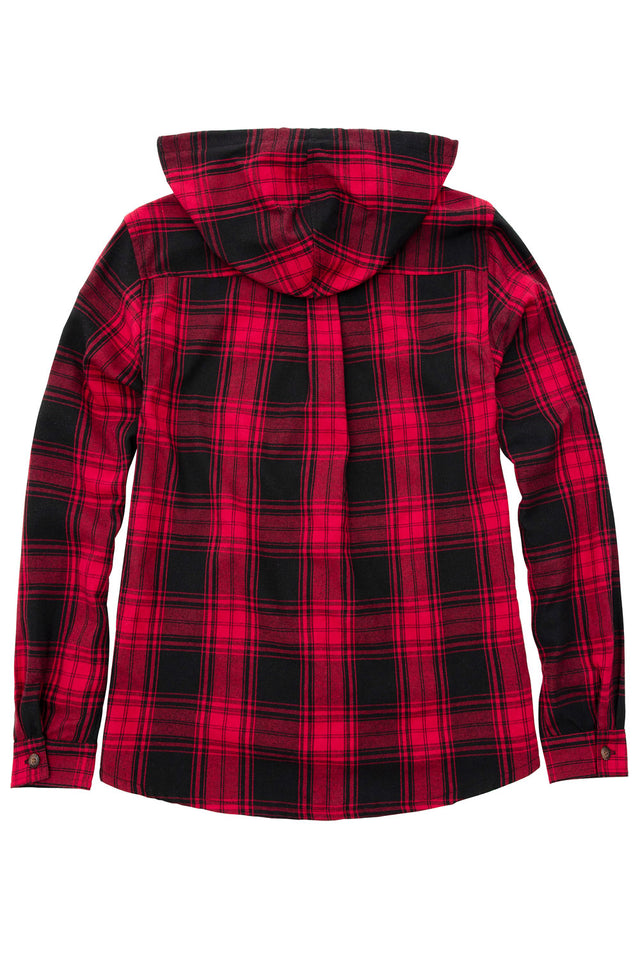 Back view of women's red flannel plaid shirt hoodie with long sleeves