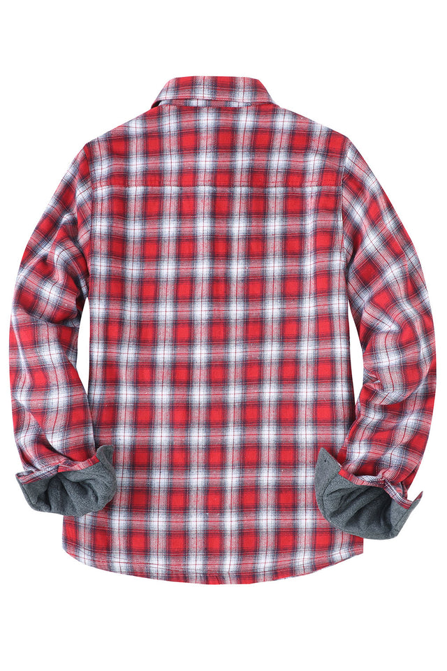 Back view of women's red white button-down plaid shacket with fleece lined