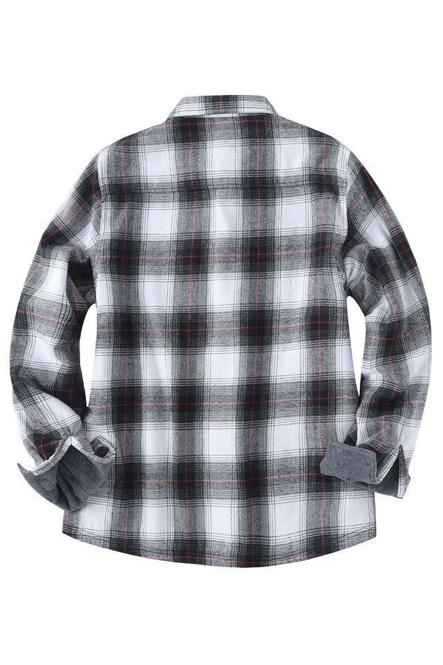 Back view of women's white black button-down plaid jacket with fleece lined