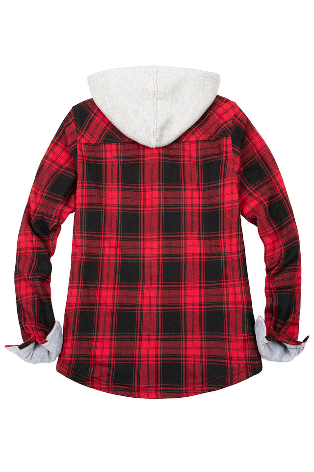 Back view of womens red fleece lined plaid hooded shirt jacket