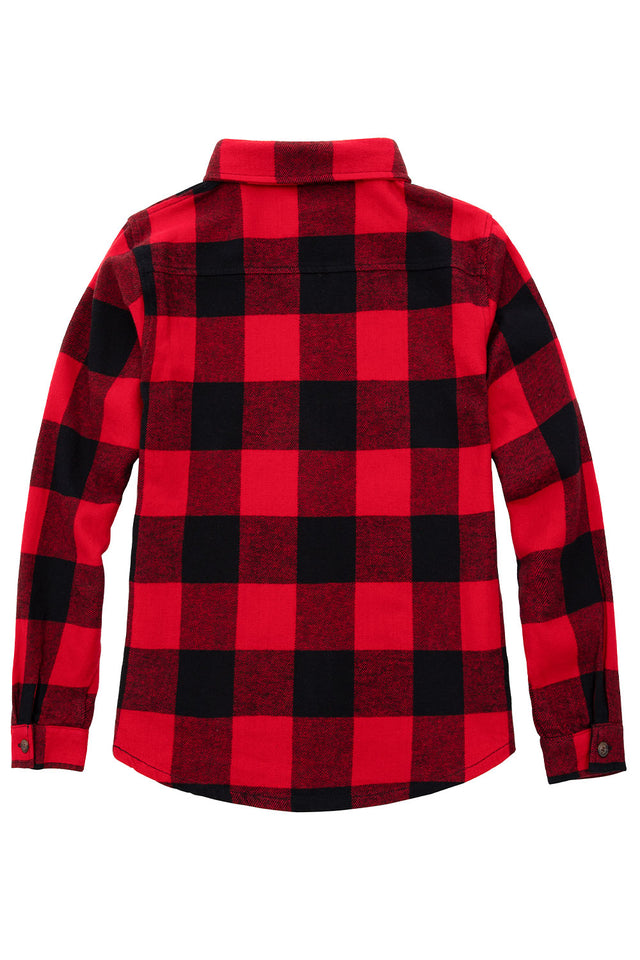 Back view of womens red plaid heavyweight flannel shirt with long sleeves