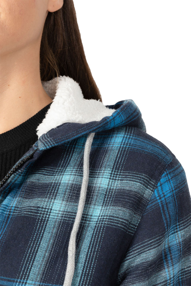 Close-up of womens blue navy sherpa lined winter flannel hooded shoulder