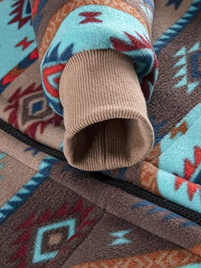 Close-up of womens blue brown sherpa lined full zip hooded sweatshirt cuffs