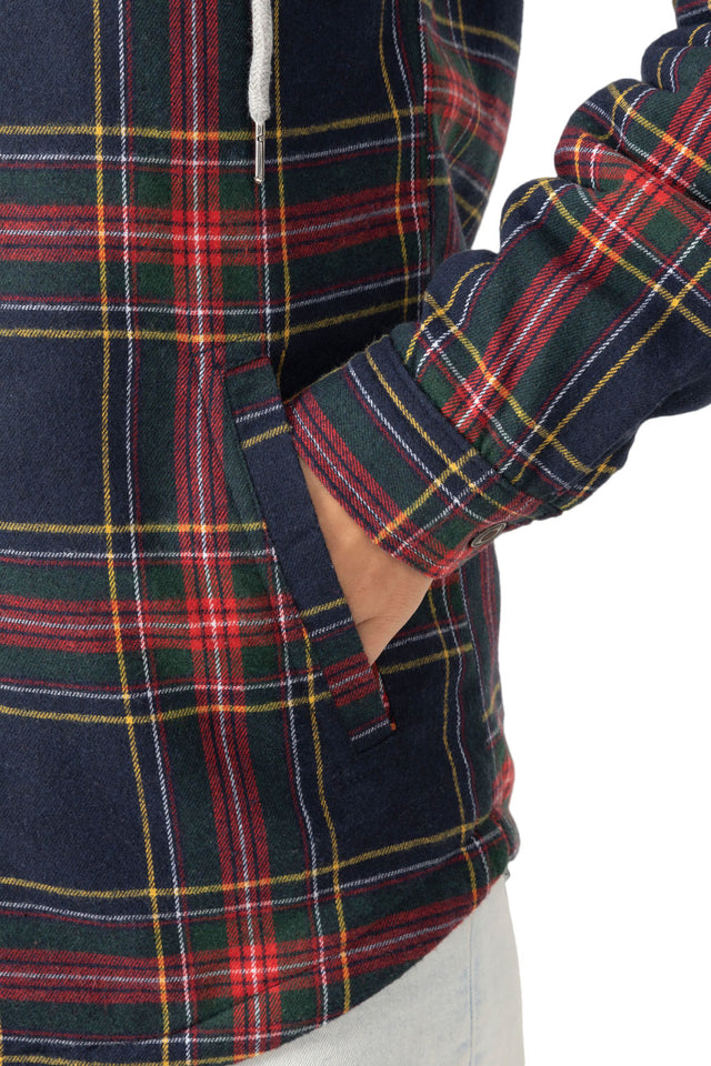 Close-up of womens red navy sherpa lined flannel plaid hooded hand pocket