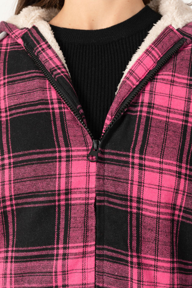 Detailed view of women's pink plaid sherpa lined flannel hooded jacket zip