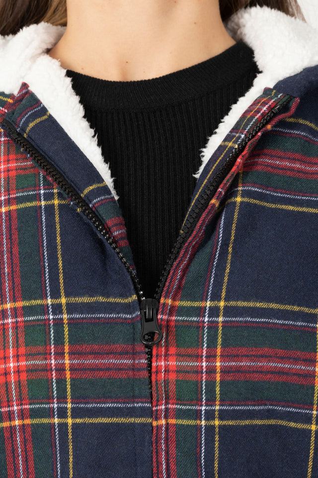 Detailed view of women's red navy plaid sherpa lined flannel hooded zip