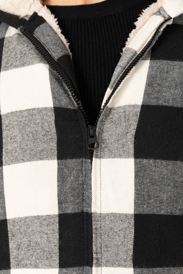 Detailed view of womens black plaid sherpa lined hooded jacket zip