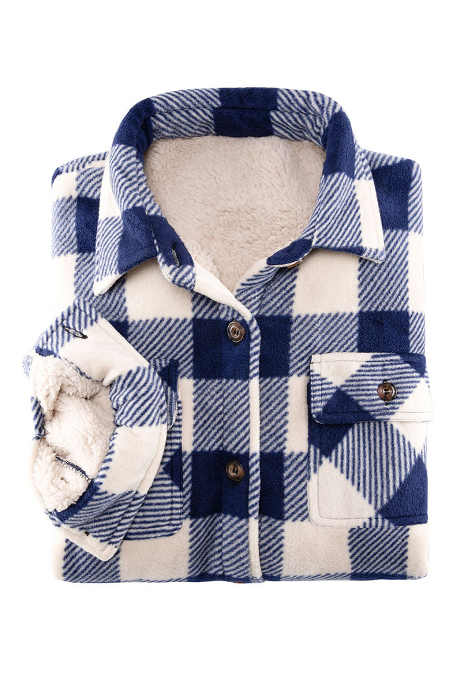 Folded view womens navy sherpa-lined plaid shacket with button up