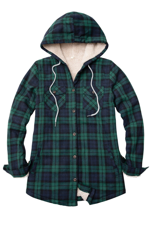 Front view of a women's green and black winter sherpa lined plaid hooded