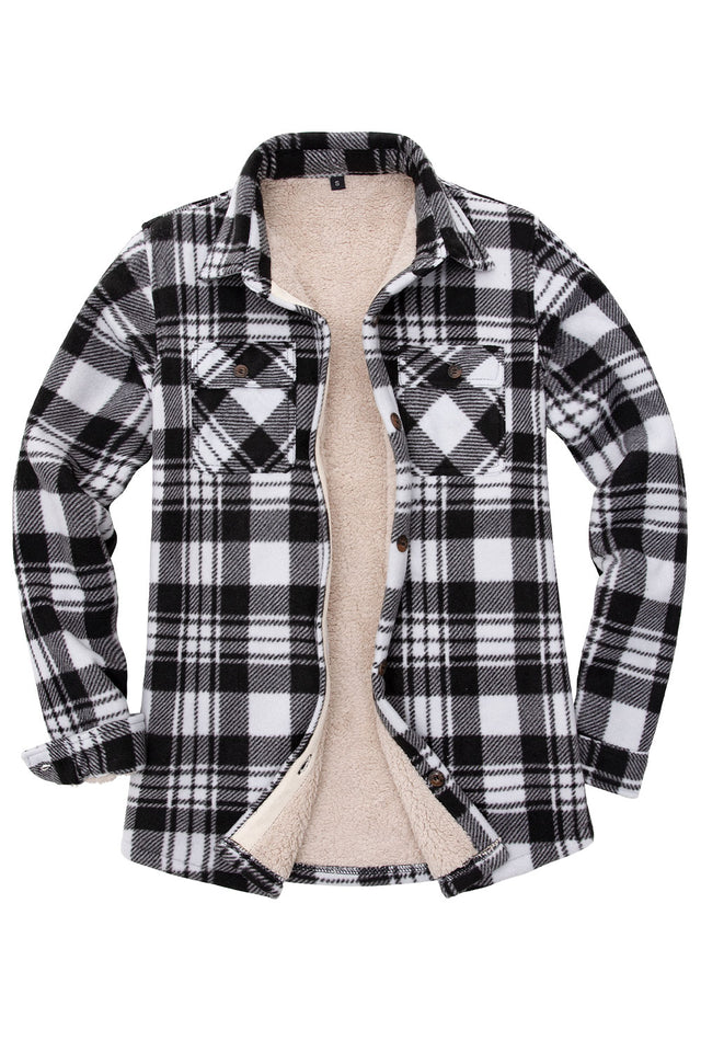 Front view of a women's black white sherpa-lined plaid shirt jacket