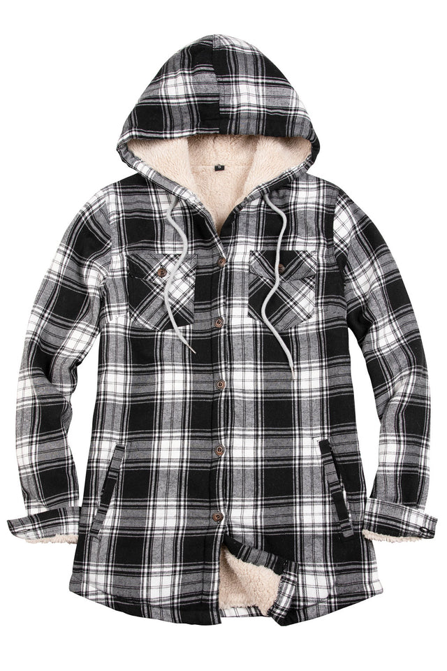 Front view of a women's black white winter cozy sherpa lined plaid hooded