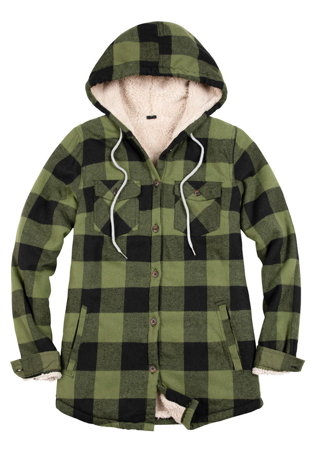 Front view of a women's black and green winter sherpa lined plaid hooded