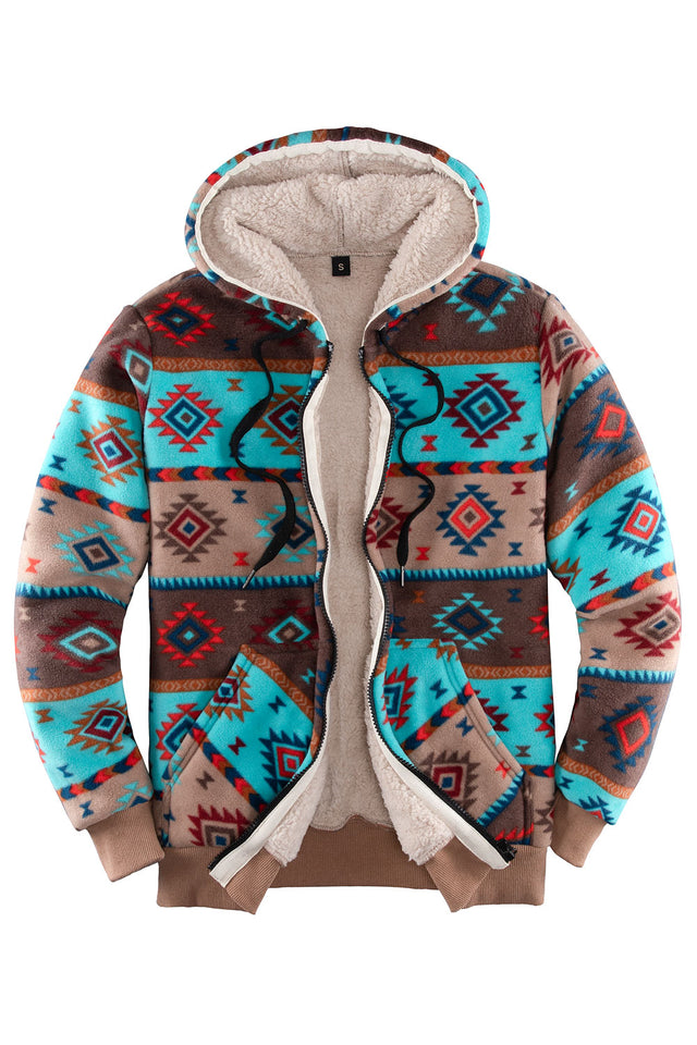 Front view of a women's blue brown long sleeves hooded with sherpa lined