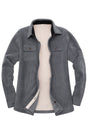 Front view of a women's light grey cozy sherpa-lined fleece shirt jacket