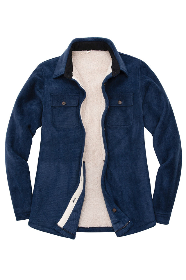 Front view of a women's navy cozy sherpa-lined fleece shirt jacket