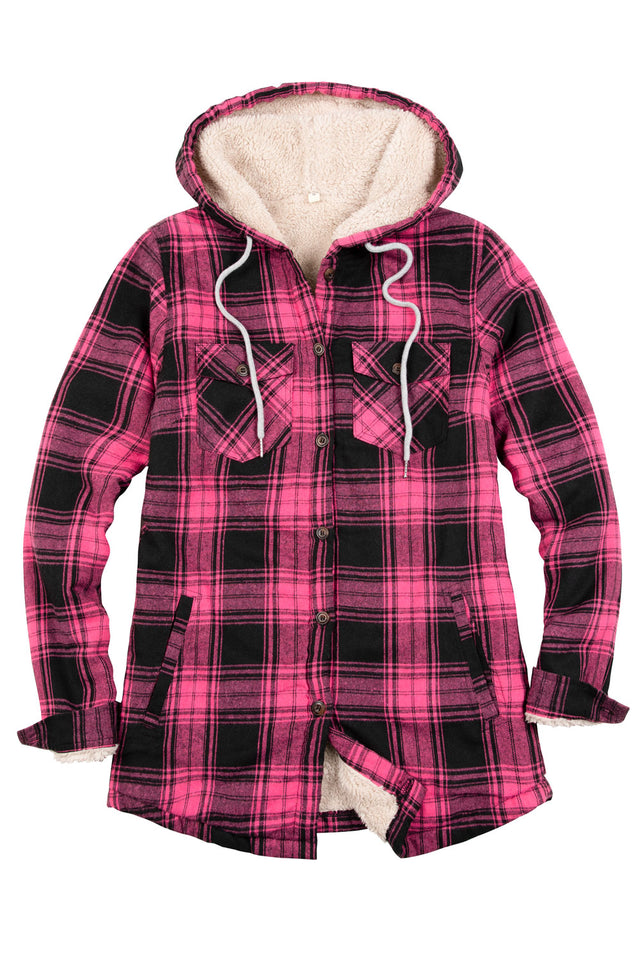 Front view of a women's pink winter cozy sherpa lined plaid hooded