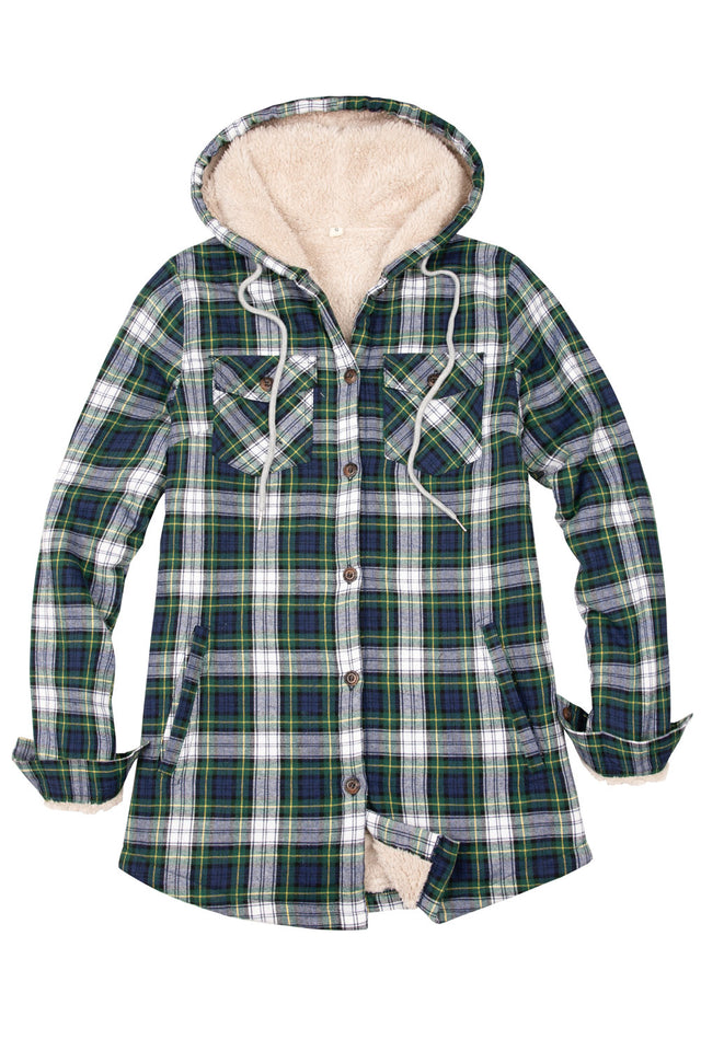 Front view of a women's plaid green winter sherpa lined plaid hooded