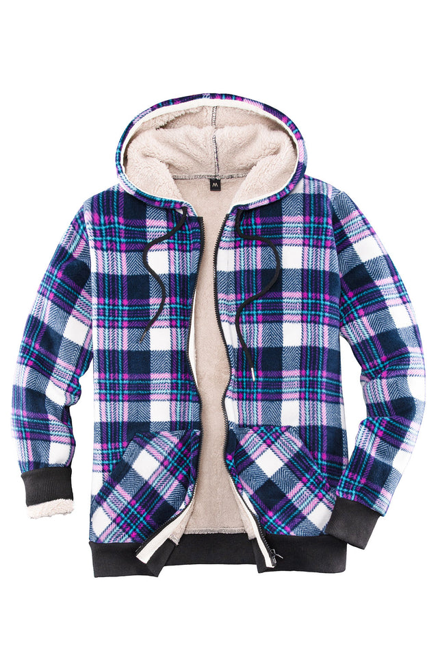 Front view of a women's purple zip up sherpa lined plaid jacket with hood