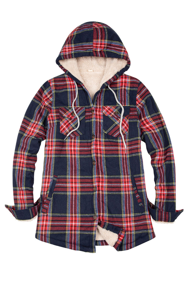 Front view of a women's red navy winter cozy sherpa lined plaid hooded