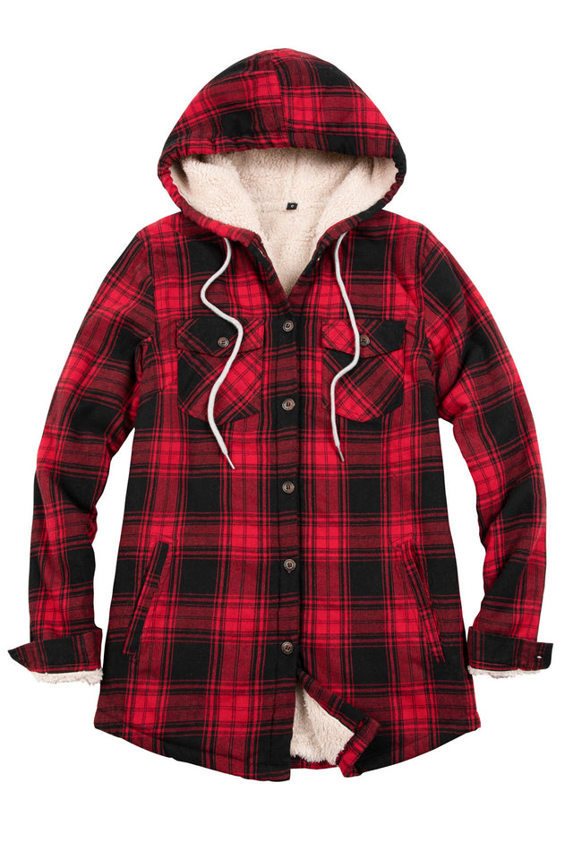 Front view of a women's red winter cozy sherpa lined plaid hooded