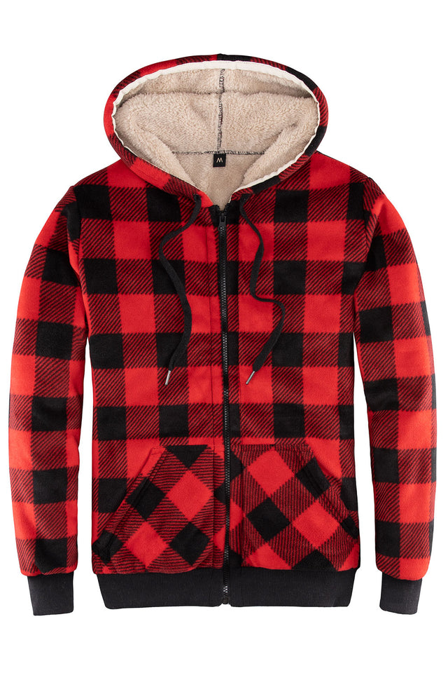Front view of a women's red zip up sherpa lined plaid jacket with hood